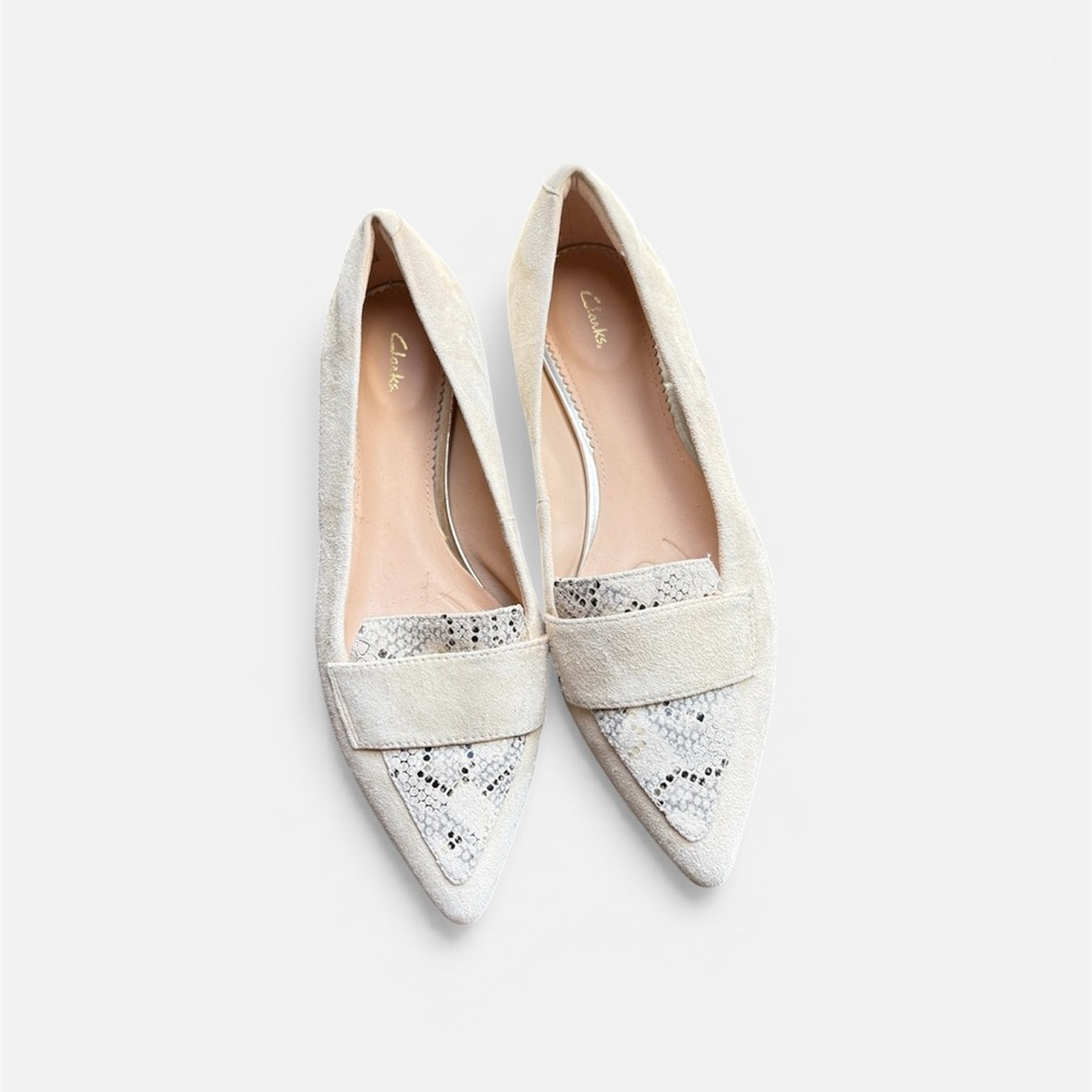 Clarks Leather Suede Pointed Toe Loafer Laina Snake Skin Flat Size 7